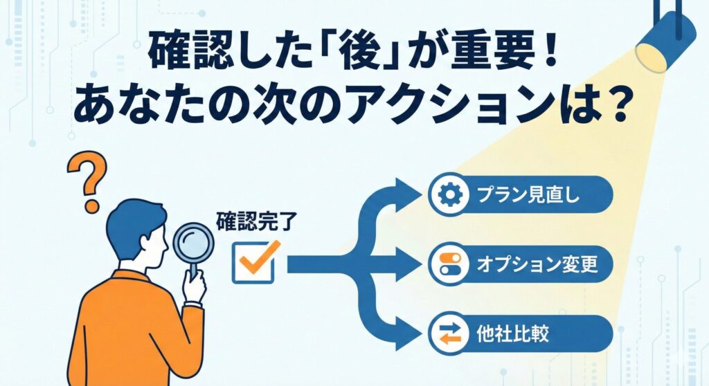 「確認した『後』が重要！あなたの次のアクションは？」と題した図解イラスト。契約内容の「確認完了」後、ユーザーが次に取るべき選択肢の分岐点を示しており、スポットライトが当たった「プラン見直し」「オプション変更」「他社比較」という3つの具体的なアクションが提示されている。