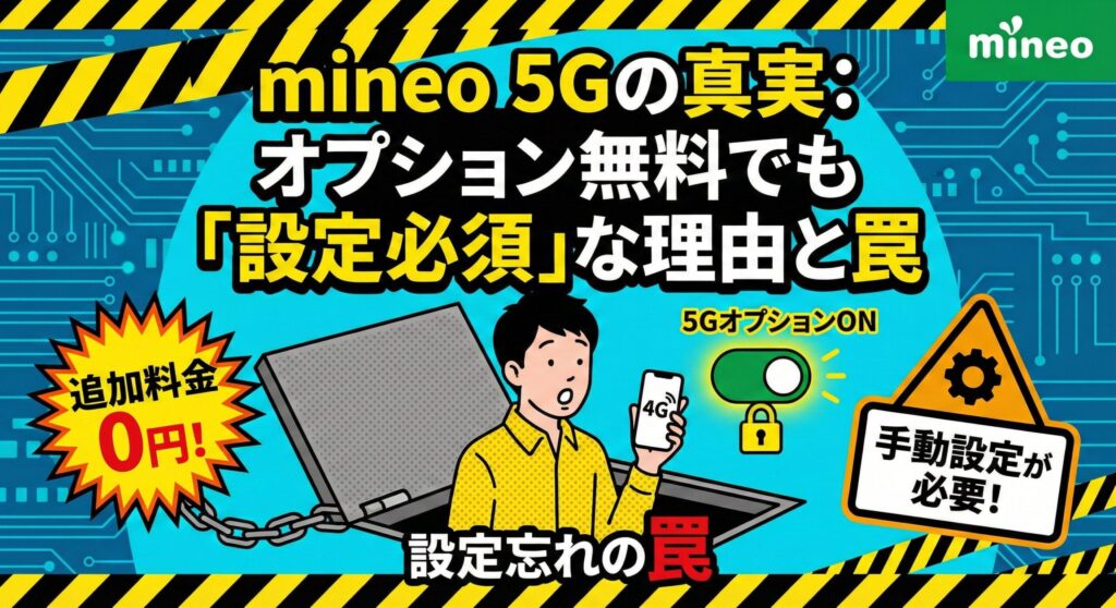 図解：『mineo 5Gの真実：オプション無料でも「設定必須」な理由と罠』。最新スマホなのに画面表示が『4G』のままで困惑する男性が、設定忘れの罠（落とし穴）に落ちているイラスト。追加料金0円でもマイページから手動で5GオプションをONに切り替える必要があることを、スイッチや警告標識を用いて視覚的に解説した画像。