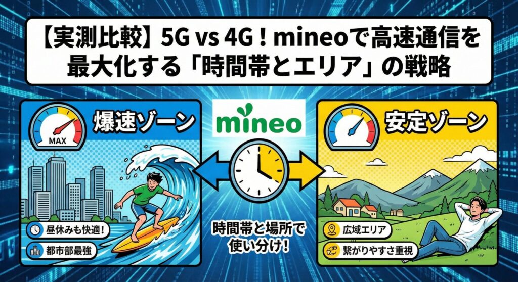 図解：【実測比較】5G vs 4G！mineoで高速通信を最大化する「時間帯とエリア」の戦略。左側の「5G爆速ゾーン（都市部最強・昼休み快適）」と右側の「4G安定ゾーン（広域エリア・繋がりやすさ重視）」を対比させ、中央の時計アイコンで「mineo通信を時間帯と場所で使い分ける」戦略を視覚的に解説したイラスト。