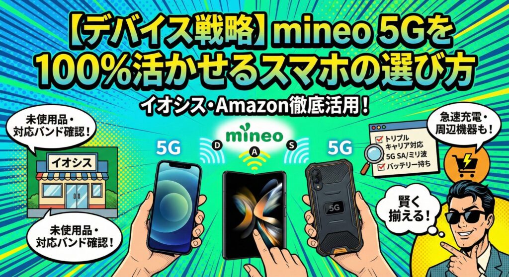 図解：『【デバイス戦略】mineo 5Gを100%活かせるスマホの選び方｜イオシス・Amazon徹底活用！』。mineoのトリプルキャリア（D・A・S）に対応した5Gスマホをイオシスで選ぶ際の「対応バンド・未使用品確認」や、Amazonでの「急速充電器・周辺機器」の購入ポイント、5G SA・ミリ波・バッテリー持ちのチェックリストを視覚的にまとめたイラスト。