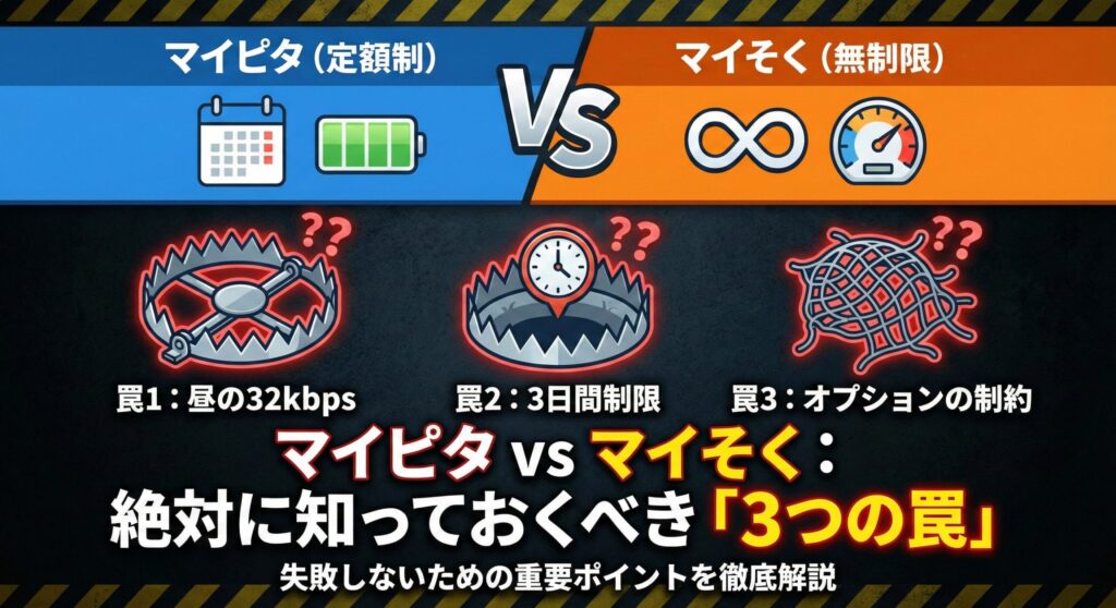 mineo（マイネオ）のマイピタとマイそくを比較した、プラン変更時の『3つの罠』を警告する見出し画像。通信速度制限やオプションの制約など、変更後に後悔しやすいデメリットを具体的に示唆し、失敗しない選び方を提案するデザイン。