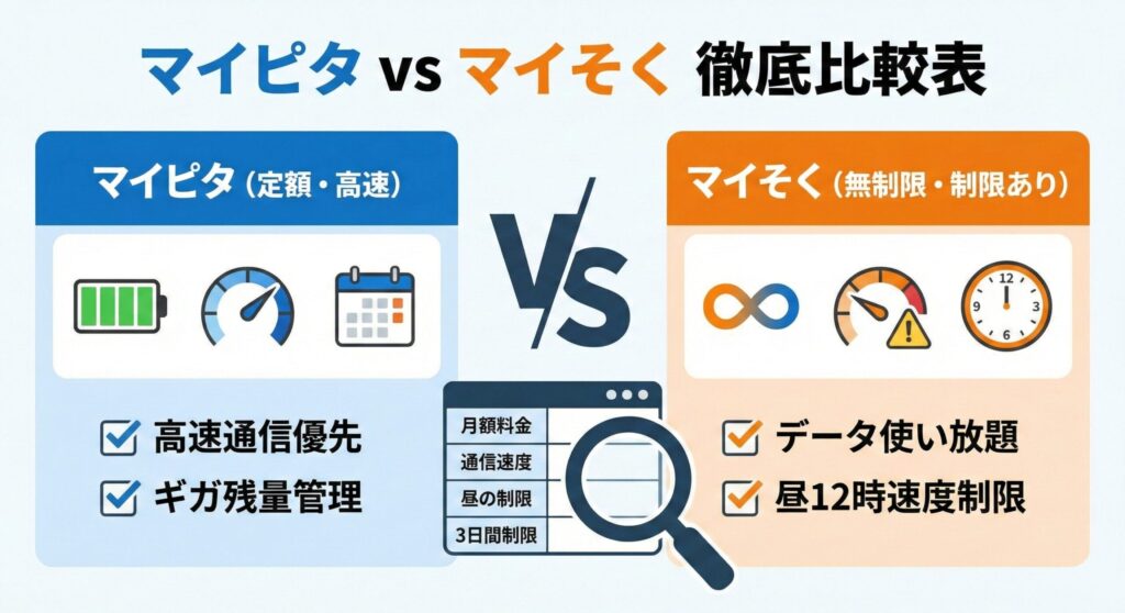 mineo（マイネオ）の主要プラン『マイピタ』と『マイそく』の違いを一覧で比較できる図解画像。月額料金、基本速度、昼12時台の制限の有無、3日間制限などの主要項目を対比させ、プラン変更時の判断基準を視覚的に分かりやすくまとめたデザイン。