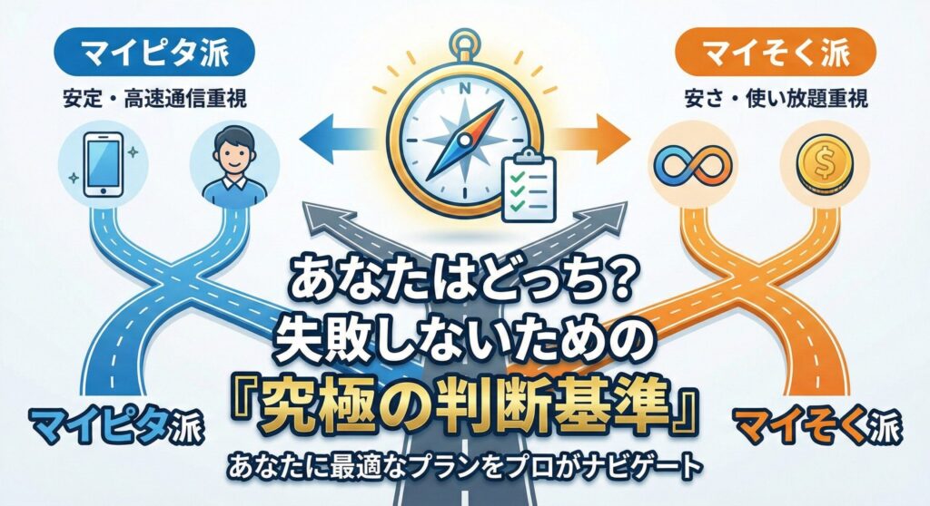 mineo（マイネオ）の『マイピタ』と『マイそく』のどちらが自分に合っているかを診断する、究極の判断基準をイメージした画像。通信の安定性を重視するユーザーと、安さとデータ無制限を重視するユーザーの対比を描き、プラン変更で失敗しないための選択を促すデザイン。