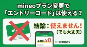 「mineo（マイネオ）のプラン変更とエントリーコードの関係を図解したアイキャッチ画像。中央に大きく『プラン変更の手数料は0円！』『エントリーコードは不要』というテキストが強調されており、スマホを操作する人物とSIMカードのイラストが配置されている。年月日の記載がなく、いつでも使える汎用性の高いデザイン。」