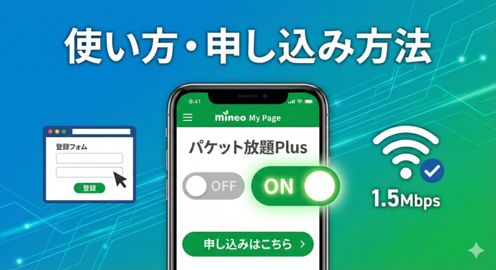 mineo「パケット放題 Plus」の利用開始手順を解説した3ステップの図解画像。STEP 1：オプション申し込み、STEP 2：mineoアプリのインストール、STEP 3：節約スイッチをONにする、という流れをアイコン付きで分かりやすく示している。