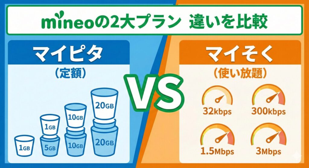 mineoの2大プラン比較図。左側の青いエリアは定額制の「マイピタ(1GB, 5GB, 10GB, 20GBのデータ容量)」。右側のオレンジのエリアは使い放題の「マイそく(32kbps, 300kbps, 1.5Mbps, 3Mbpsの通信速度)」。中央に「VS」の文字があり、両者の違いをイラストで対比している。