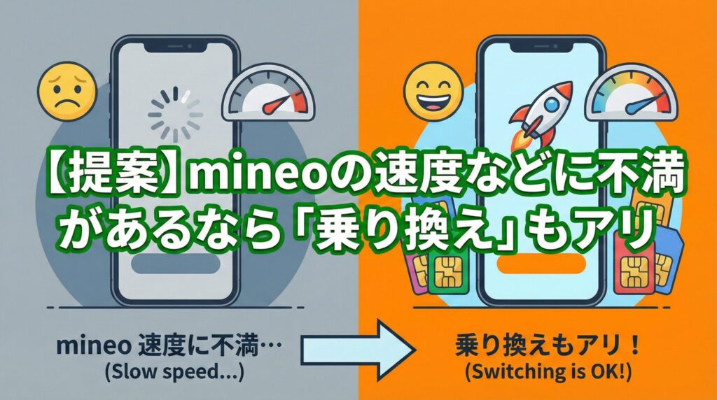 mineoの通信速度に不満があるユーザーに対し他社への乗り換えを提案する比較画像。左側に速度が遅く困っている様子、右側に乗り換えによって高速通信になり満足している様子が描かれている。