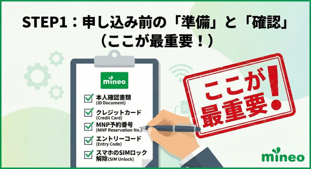 mineo申し込み記事の「STEP1：申し込み前の『準備』と『確認』（ここが最重要！）」という見出し画像。本人確認書類、クレジットカード、MNP予約番号、エントリーコード、スマホのSIMロック解除という5つの必須項目が書かれたチェックリストに、ペンを持った手がチェックを入れており、右側に赤字で「ここが最重要！」と強調されたスタンプが押されているイラスト。