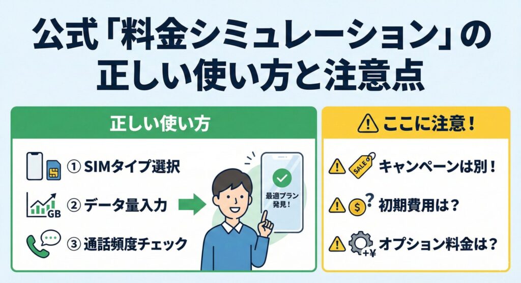 公式「料金シミュレーション」の正しい使い方と注意点を解説する図。左側の「正しい使い方」パネルでは、①SIMタイプ選択、②データ量入力、③通話頻度チェックの3ステップで最適プランが見つかる流れをイラスト付きで説明。右側の「ここに注意!」パネルでは、キャンペーンは別扱い、初期費用の有無、オプション料金の加算という3つの確認ポイントを警告アイコンと共に挙げている。