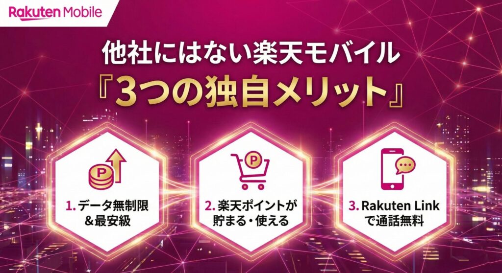 他社にはない楽天モバイル『3つの独自メリット』を示す図解画像。「1.データ無制限&最安級」「2.楽天ポイントが貯まる・使える」「3.Rakuten Linkで通話無料」の3点が解説されている。