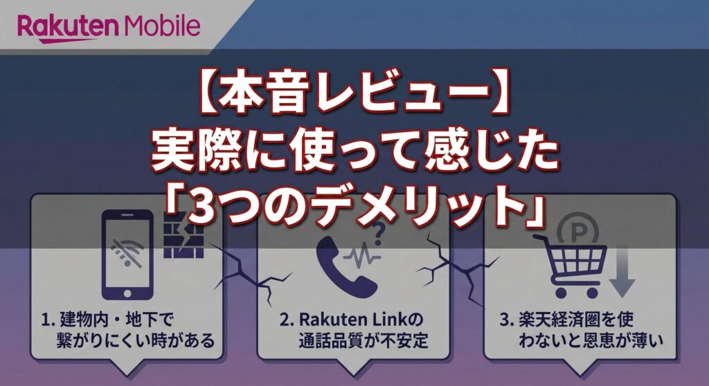 楽天モバイルを1年使って感じた「3つのデメリット」を解説する図解画像。「1.建物内や地下での電波」「2.Rakuten Linkの通話品質」「3.楽天経済圏への依存度」という本音の不満点が、悩む人物のイラストと共に描かれている。
