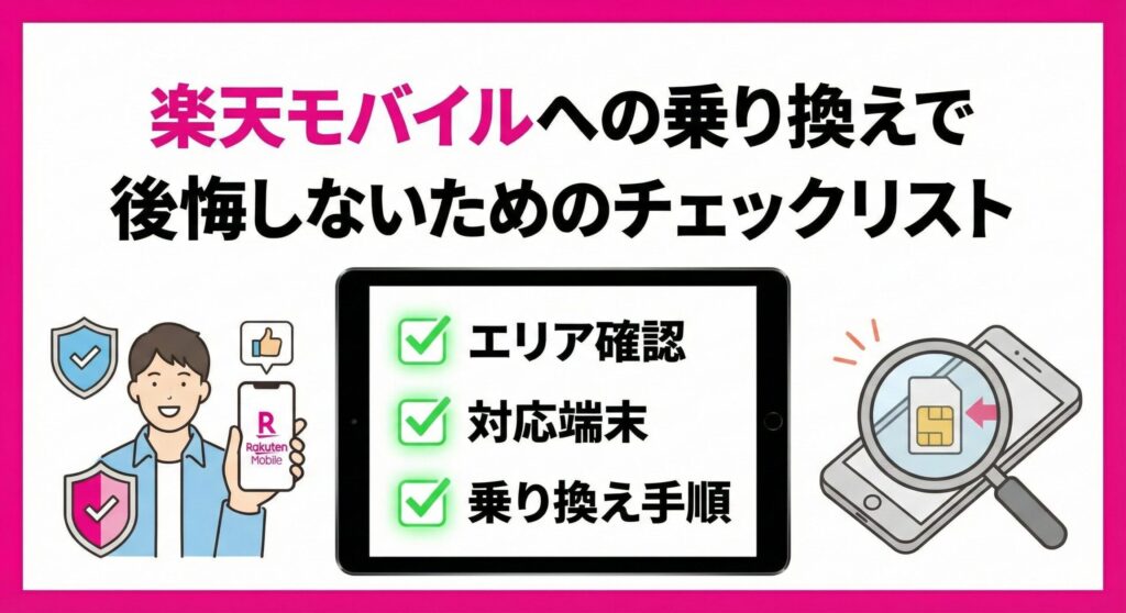 「楽天モバイルへの乗り換えで後悔しないためのチェックリスト」と題した図解画像。タブレット画面には「エリア確認」「対応端末」「乗り換え手順」の3項目にチェックマークが入っており、安心して乗り換えの準備を進める人物やSIMカードを確認する様子がイラストで描かれている。