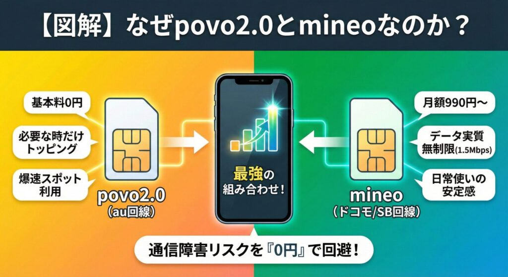 povo2.0とmineoを併用した最強デュアルSIMの役割分担を図解。povoの「基本料0円・爆速スポット利用」とmineoの「月額990円・データ実質無制限(1.5Mbps)」を組み合わせ、通信障害リスクを実質0円で回避する仕組みを解説した比較画像。