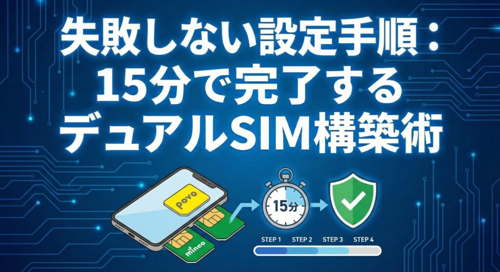 povo2.0とmineoのデュアルSIM設定を15分で完了させるための「失敗しない4ステップ構築術」を図解した画像。eSIMと物理SIMの併用手順、iPhone・Androidでの設定の流れ、開通までのステップを視覚化したインフォグラフィック。