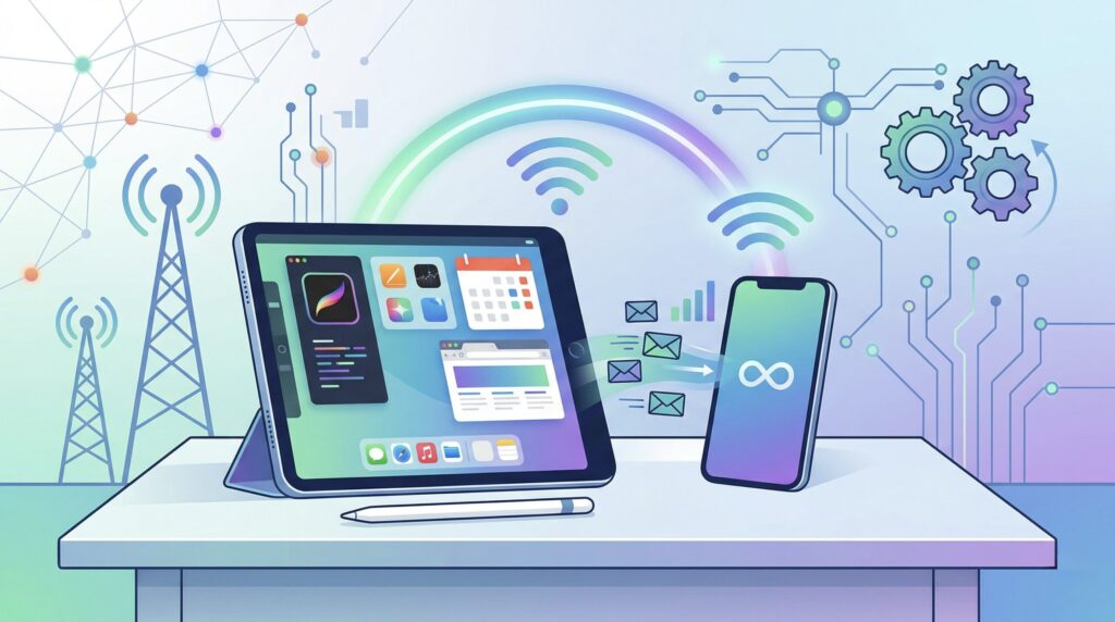 iPadとiPhoneのシームレスなテザリング接続と2台持ち運用をイメージしたイラスト。クリエイティブアプリが開かれたiPadと、安定したネットワーク（∞）を供給するiPhoneがワイヤレスで繋がり、場所を選ばないワークスタイルを表現。Apple Pencilや通信アンテナ、システム最適化を示す歯車のアイコンが並び、LINEMOやワイモバイルを活用した通信環境の構築を象徴している。