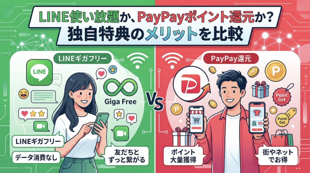 LINEMO（ラインモ）とワイモバイル（Y!mobile）の独自特典を比較するイラスト。タイトルは「LINE使い放題か、PayPayポイント還元か？独自特典のメリットを比較」。左側の緑のテーマがLINEMO、右側の赤のテーマがワイモバイル。LINEMO側には女性と「LINEギガフリー」「データ消費なし」「友だちとずっと繋がる（チャット・ビデオ通話）」のアイコン。ワイモバイル側には男性と「PayPay還元」「ポイント大量獲得」「街やネットでお得」のアイコン。中央にVSとネットワークの文字。どちらの格安SIMを選ぶべきかを示す画像。