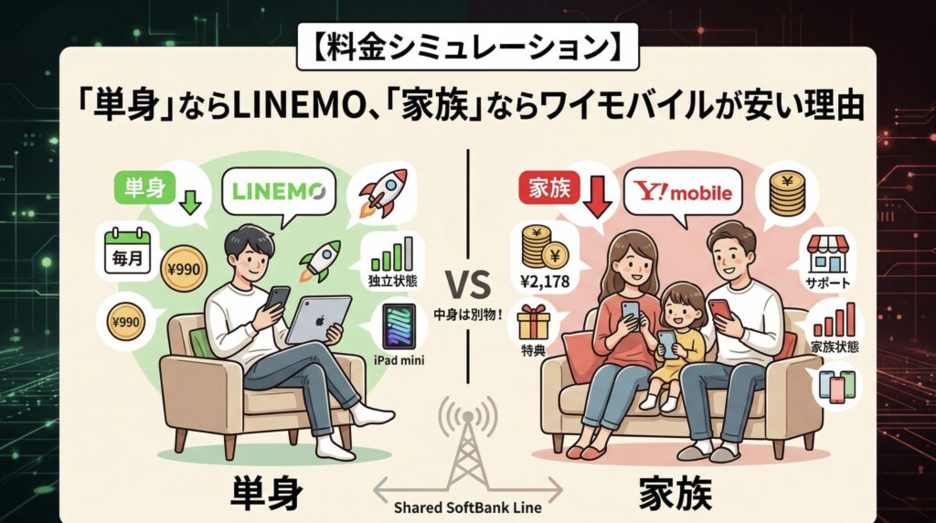 料金シミュレーション：単身ならLINEMO（ラインモ）、家族ならワイモバイル（Y!mobile）が安い理由を比較するイラスト。左側にソファーでiPad miniを使う男性と、月額990円やスピード、独立状態のアイコン。右側にソファーに座る笑顔の家族と、積み上げられたコイン、特典、サポート、家族状態のアイコン。中央にVSと『Shared SoftBank Line』（共有ソフトバンク回線）の文字。ターゲット層による格安SIMの使い分けを視覚化した画像。