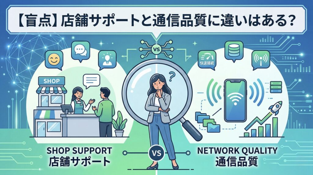 格安SIM比較イラスト：【盲点】店舗サポートと通信品質に違いはある？ 悩む女性を挟んで、左側に実店舗（店員と顧客）の「店舗サポート」、右側にスマホと電波信号、ロケット、速度グラフの「通信品質」を比較。VS。快速接続、ショップサポート、ネットワーククオリティのアイコン。サブブランドとオンライン専用SIMの選び方。