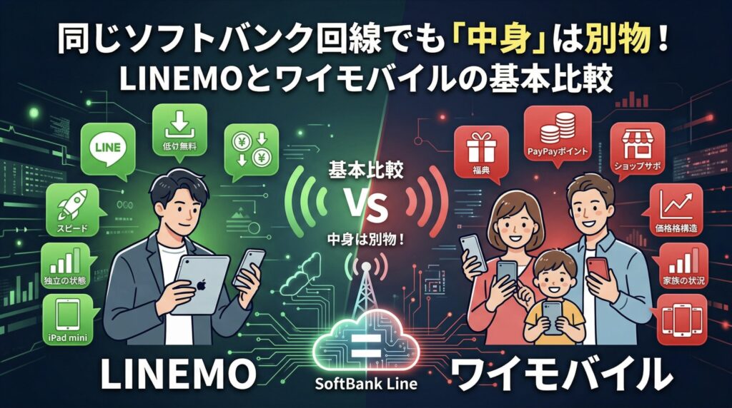 LINEMO（ラインモ）とワイモバイル（Y!mobile）の基本比較イラスト。タイトルは「同じソフトバンク回線でも「中身」は別物！ LINEMOとワイモバイルの基本比較」。中心の「VS」と「SoftBank Line」アンテナを境に、左側の緑のテーマがLINEMO、右側の赤のテーマがワイモバイルを比較。LINEMO側にはタブレットを持つ男性と「低速無料（LINE）」「スピード」「独立の状態（回線）」「iPad mini」のアイコン。ワイモバイル側にはスマホを持つ家族と「特典」「PayPayポイント」「ショップサポート」「価格構造」「家族の状況（家族割引）」のアイコンがあり、同じ回線インフラでもターゲット層、独自特典、サポート体制が大きく異なることを示している。