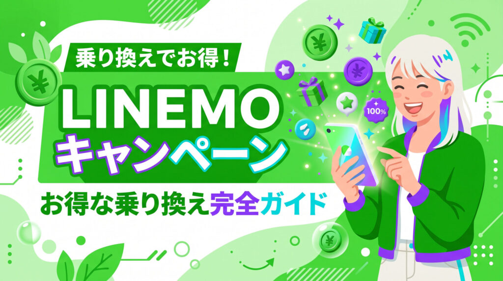 LINEMO（ラインモ）の乗り換え・新規契約キャンペーン完全ガイド。PayPayポイント還元や月額割引特典を分かりやすく解説したアイキャッチイラスト