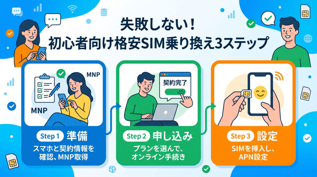 失敗しない！初心者向け格安SIM乗り換えの「準備」「申し込み」「設定」を解説した3ステップ手順図。Step1「準備」でスマホ・契約情報の確認とMNP取得、Step2「申し込み」でプラン選択とオンライン手続き、Step3「設定」でSIM挿入とAPN設定を行う流れを、女性と男性のイラストでわかりやすく表現している。