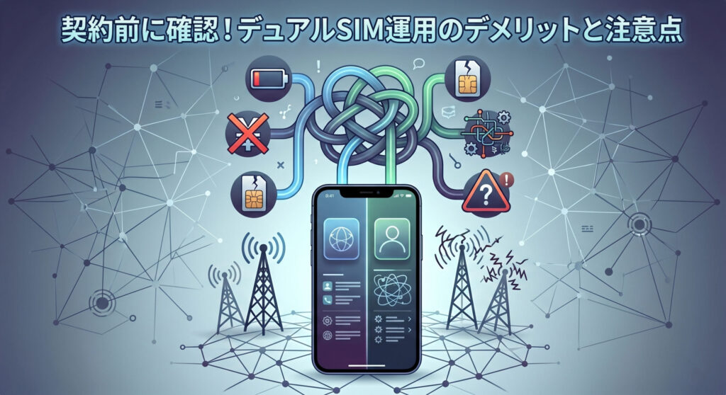 スマートフォンと複雑な通信ネットワークを背景に、「契約前に確認！デュアルSIM運用のデメリットと注意点」というタイトルが書かれたイラスト。中央のスマートフォンの上から複雑なケーブルの結び目が伸び、その周囲に、バッテリー消費の早さ（残量少アイコン）、SIMカードのトラブル（欠けたSIMアイコン）、予期せぬコスト増（赤いX付きコストアイコン）、設定の複雑さ（歯車と回路アイコン）、電波不安定（電波塔トラブルアイコン）、不明なトラブル（警告標識アイコン）などが配置されている。デュアルSIM利用時に発生しうる様々なリスクを視覚化している。