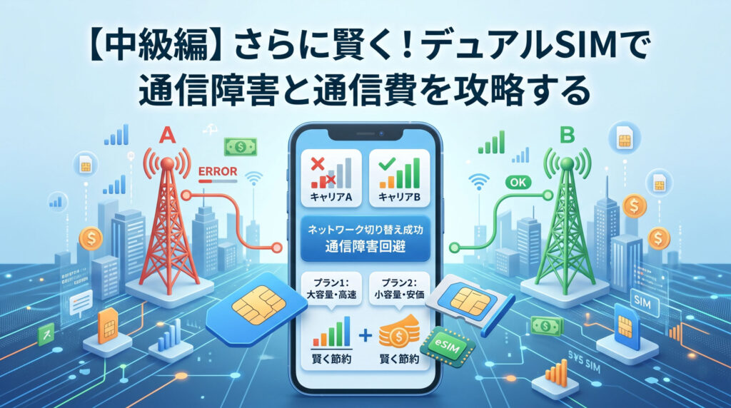 1台のスマートフォンに「主回線」と「副回線」の2つのネットワークが接続されている様子を描いたテクノロジー感のある3Dイラスト。「【中級編】さらに賢く！デュアルSIMで通信障害と通信費を攻略する」という日本語の見出しテキストが中央に配置されている。背景には、通信障害を回避するリスク分散のイメージと、通信費を大幅に削減するコインやグラフのアイコンが描かれており、賢いデュアルSIM運用を表している。