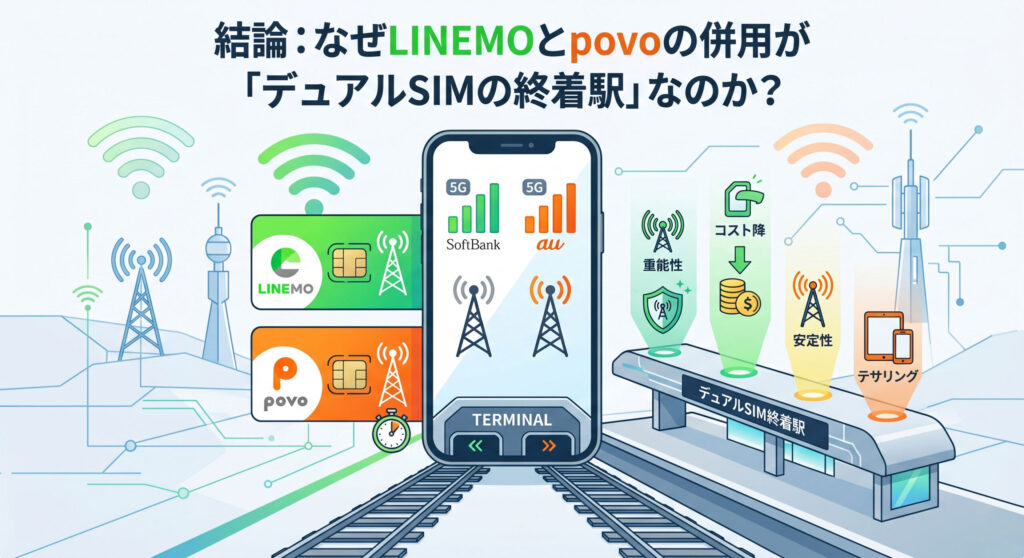 デュアルSIMの「終着駅」として、LINEMO（SoftBank回線）とpovo（au回線）の併用が最強である理由を解説するイラスト。スマートフォンを中心に、5G、安定性、コスト削減（コスト降）、冗長性（重能性）、テザリングなどのメリットが駅をモチーフに視覚化されている。