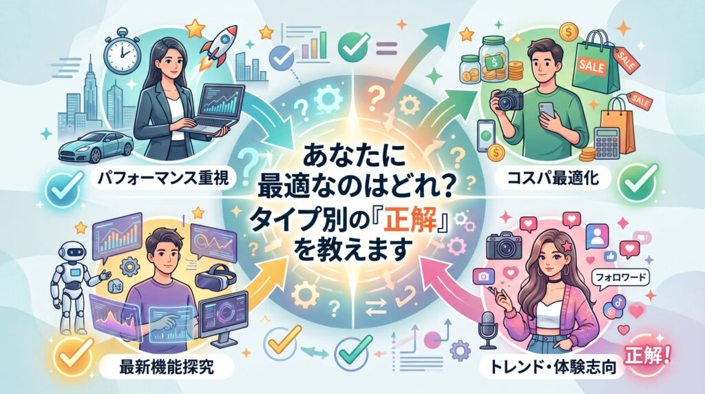 「あなたに最適なのはどれ？ タイプ別の『正解』を教えます」という中央の見出しを囲む、4つのユーザータイプを分類したカラフルな現代風デジタルイラスト。左上「パフォーマンス重視」（ビジネスシーン）、右上「コスパ最適化」（ショッピングシーン）、左下「最新機能探究」（VR・ロボット）、右下「トレンド・体験志向」（SNS・フォロワー）のセクションがある。それぞれのタイプに関連するキャラクターとアイコンが描かれ、選択や比較のガイダンスを表現している。