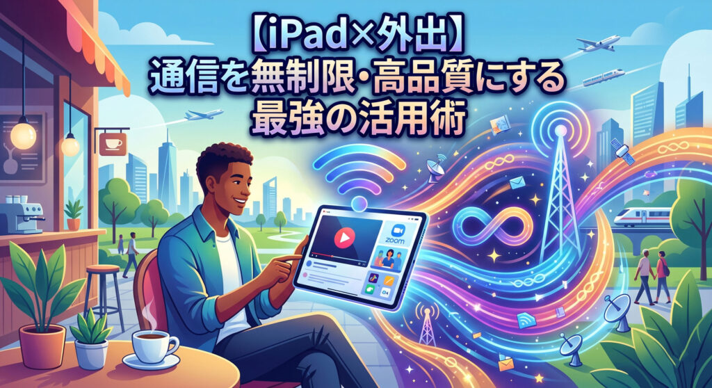 外出先のカフェで男性がiPadを快適に利用するイラスト。画像上部に大きな日本語の見出しで「【iPad×外出】通信を無制限・高品質にする最強の活用術」と書かれている。iPadの画面には動画プレーヤーやZoomアプリが表示され、そこから強力な信号波、無限記号、通信塔、衛星アンテナ、データアイコンが、虹色の流れとして都市の接続性を象徴して伸びている。アクセシビリティを確保し、検索エンジンが画像内のテキストとビジュアルテーマを正確に理解できるようにする。
