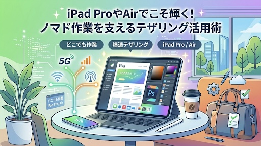 iPad ProやiPad Airを使用したノマドワークのテザリング活用シーンを表現したイラスト。カフェのような場所で、スマートフォンからiPadへWi-Fi信号（テザリング）が送られ、高速通信でブログ執筆やクリエイティブ作業に没頭する様子を描いている。ガジェットブログ『Kozablog』専用のテック系デザイン。