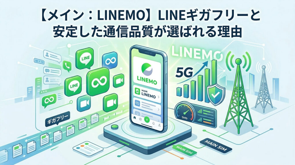 LINEMOをメイン回線として利用するメリットを視覚化したイラスト。LINEギガフリーによるデータ消費ゼロの仕組みと、ソフトバンク直営回線による5G安定通信、高品質なネットワーク環境を表現している。ガジェットブログ「Kozablog」に最適化されたテックデザイン。