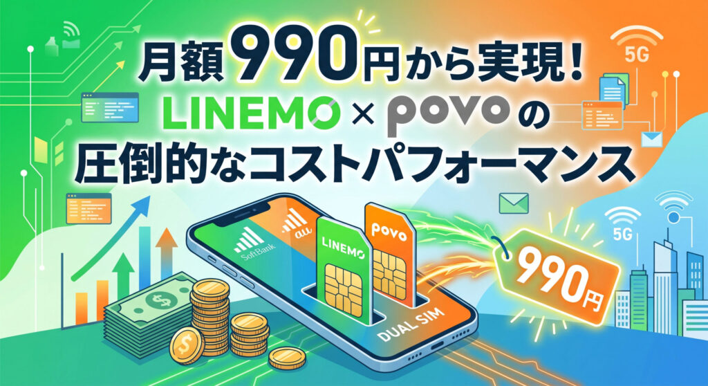 LINEMO（SoftBank回線）とpovo（au回線）のデュアルSIM運用で、月額990円から圧倒的なコストパフォーマンスを実現することを伝えるイラスト。スマートフォンにLINEMOとpovoのSIMカードが挿入され、990円の価格タグ、金貨の山、上昇グラフ、5Gネットワークのアイコンが周囲に配置されている。