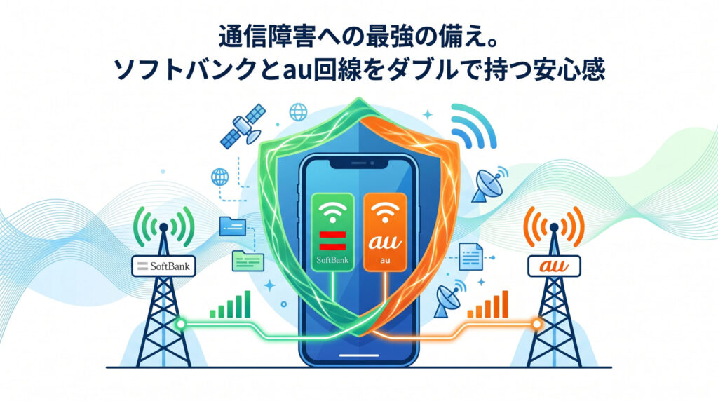LINEMO（ソフトバンク回線）とpovo（au回線）のデュアルSIMによる通信障害対策を視覚化したイラスト。中央のスマートフォンを保護する強力な盾（シールド）と、左右に配置されたソフトバンク・auそれぞれの基地局から電波を受信している様子が描かれ、インフラの冗長化による高い安心感を表現している。