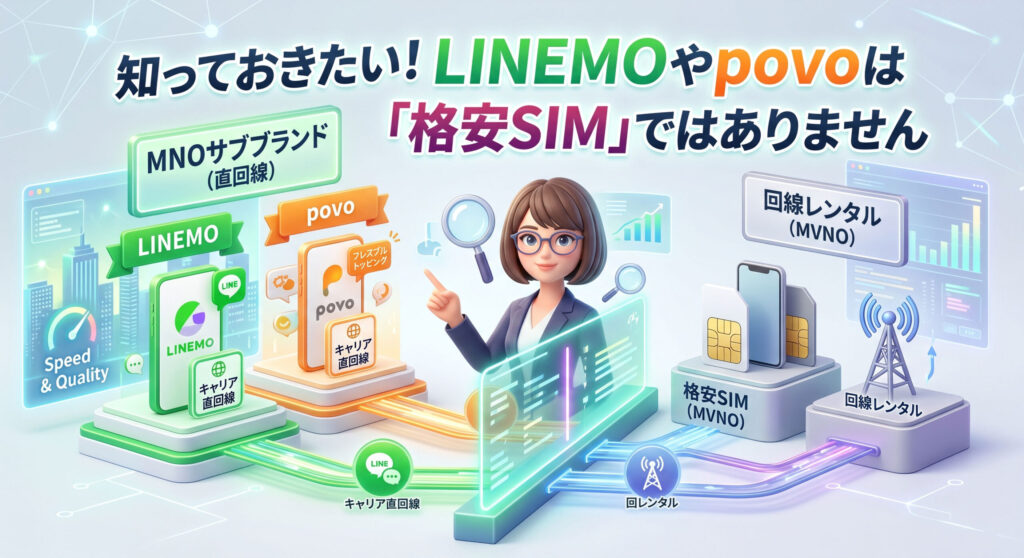 眼鏡をかけた女性キャラクターが、LINEMO、povo（キャリア直回線のMNOサブブランド）と、一般的な格安SIM（回線レンタルのMVNO）の違いを解説する3Dイラスト。中央上部に「知っておきたい！LINEMOやpovoは「格安SIM」ではありません」というテキスト。左側には「MNOサブブランド（直回線）」としてLINEMOとpovo、右側には「回線レンタル（MVNO）」として格安SIMやSIMカード、電波塔が描かれ、Speed & Qualityの違いなどを比較している。