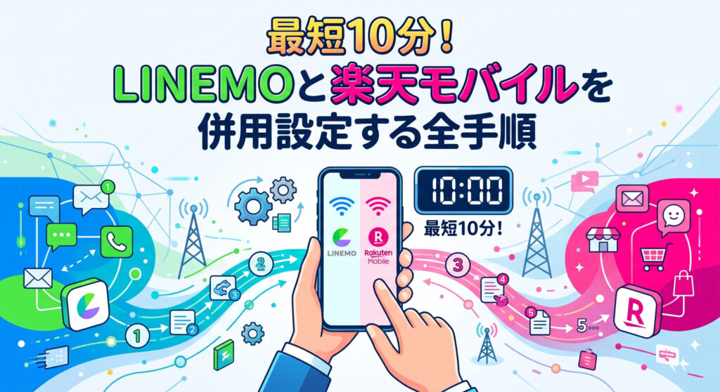 「最短10分！LINEMOと楽天モバイルを併用設定する全手順」というタイトルが大きく中央に配置された、設定ガイドのインフォグラフィック画像。スマートフォンを操作する手元のイラスト、LINEMOと楽天モバイルの公式ロゴ、10分を示すデジタルタイマー、そして設定のプロセスを象徴する「1」から「5」のステップ番号と、通信・メッセージ・ショッピングのアイコンが流れるように描かれた、分かりやすく清潔感のあるデザイン。