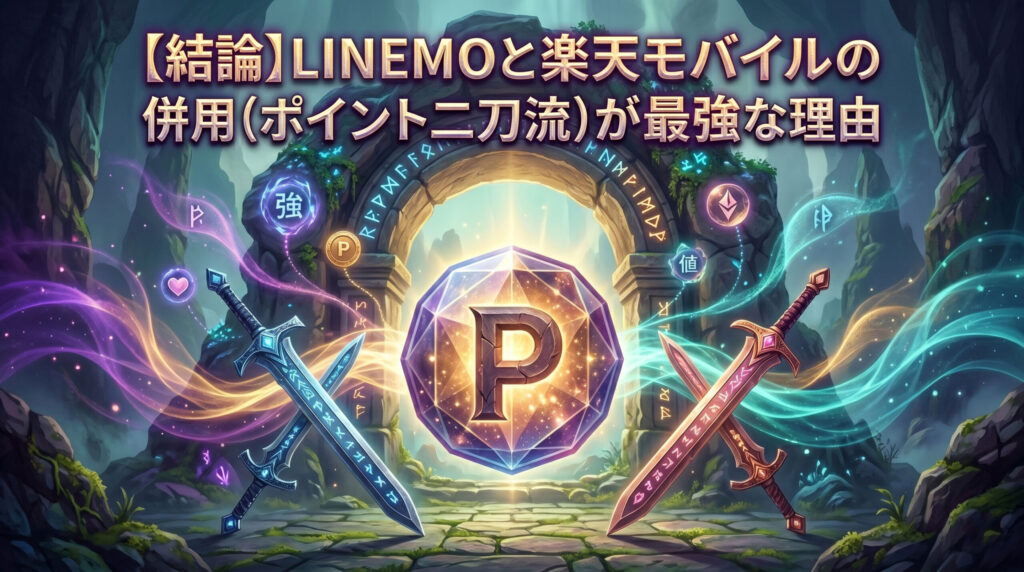 LINEMOと楽天モバイルを併用する「ポイント二刀流」が最強である理由の結論を表現した、ファンタジーRPG風の見出し画像。苔むした古代遺跡のアーチを背景に、青と赤の2本の伝説の剣が交差し、中央で巨大な「P」の文字が刻まれた黄金のクリスタルが眩い光を放っている。周囲には「強」や「値」といった能力値を表す魔法のオーブが浮遊している幻想的なデザイン。