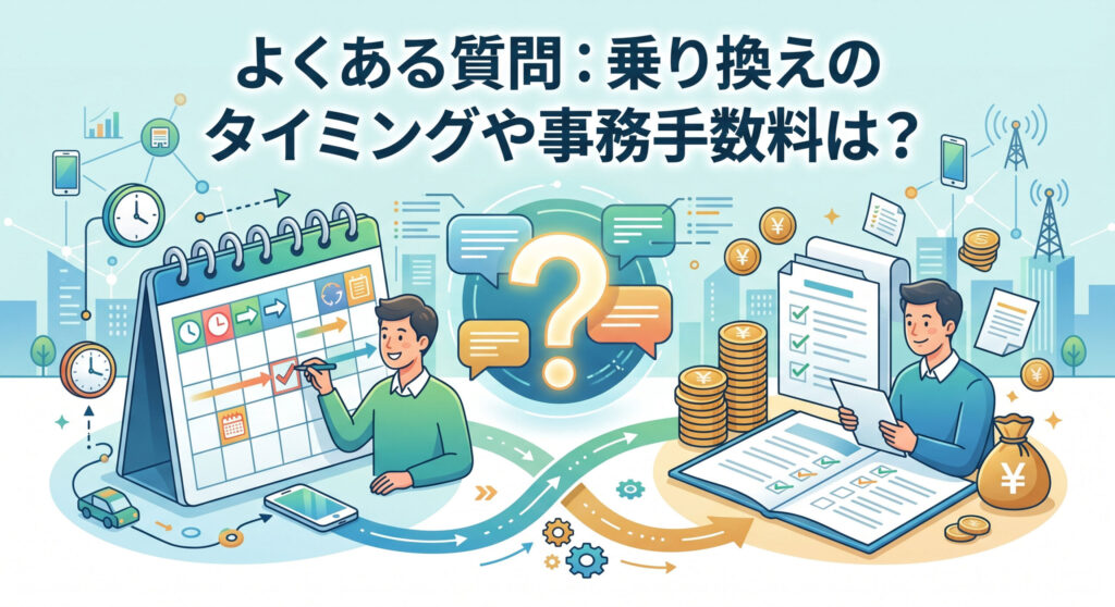 「よくある質問：乗り換えのタイミングや事務手数料は？」という大きな日本語見出しが入ったQ&Aセクション用の見出し画像。左側にはカレンダーで乗り換えの最適な日を確認する男性、右側には積み上げられたコインと書類で事務手数料をチェックする男性のイラスト。中央に配置された輝くクエスチョンマークと、背景のスマートフォンや時計のアイコンが、モバイル通信の契約変更に関する疑問と解決を表現しているインフォグラフィック風のデザイン。
