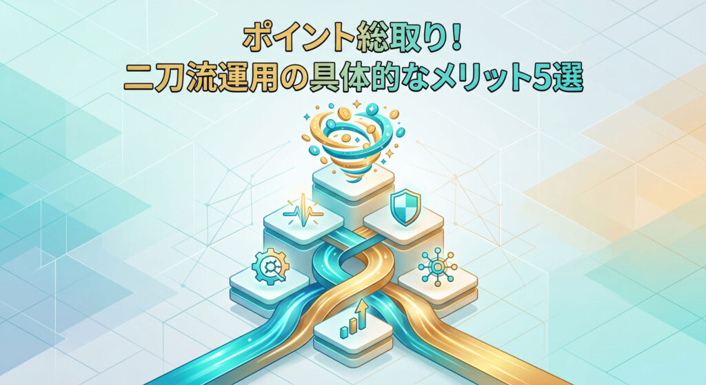 「ポイント総取り！二刀流運用の具体的なメリット5選」と書かれた、2つの運用経路（ゴールドとブルー）が融合してポイントを効率的に収集する仕組みを描いたアイソメトリック図解イラスト。5つの具体的なメリットを象徴する、渦を巻くポイント（ポイント収集）、盾（セキュリティ）、グラフ（成長・分析）、ネットワーク（連携）、歯車（システム化）のアイコンが階層的に配置されている。