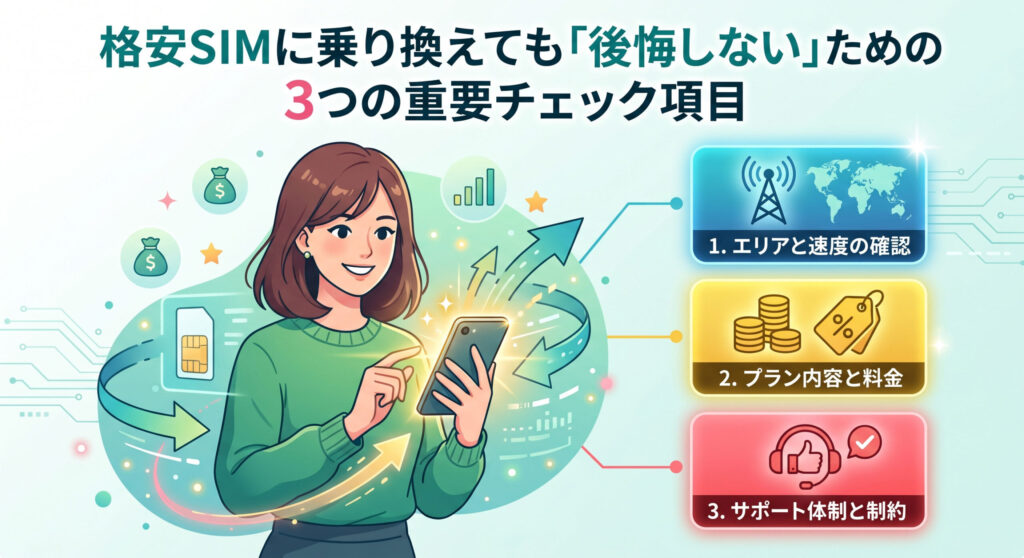 格安SIM乗り換えで後悔しないための3つの重要チェック項目の解説イラスト。笑顔でスマートフォンを操作する女性と、1.エリアと速度の確認、2.プラン内容と料金、3.サポート体制と制約の3つのリストが表示されている。