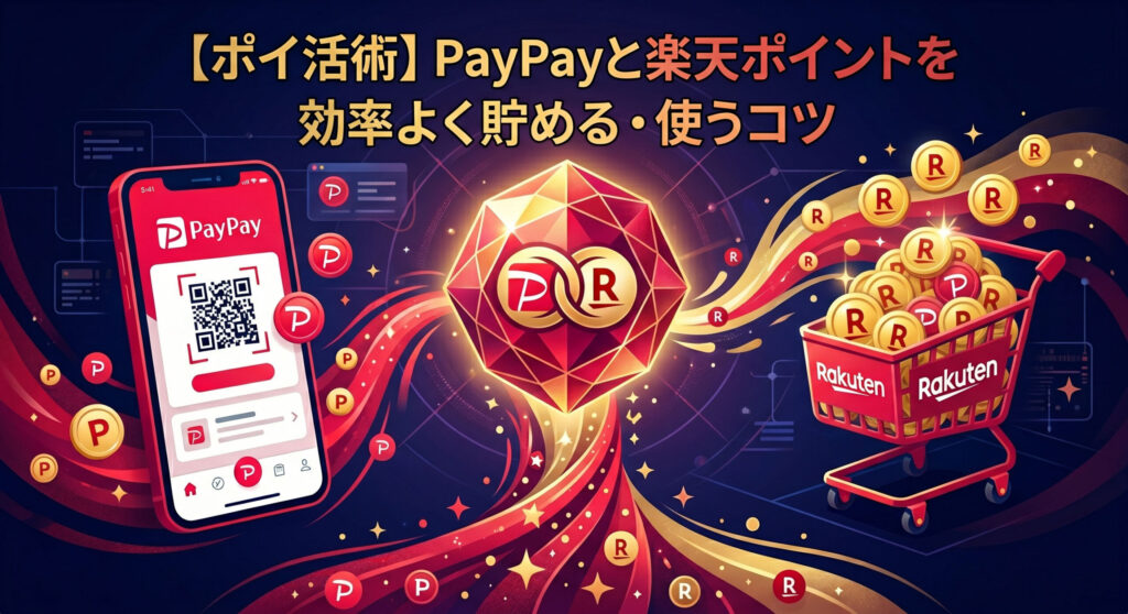 【ポイ活術】PayPayと楽天ポイントを効率よく貯める・使うコツ。スマホアプリ（PayPay）、融合ロゴ入りの宝石、山積みの楽天ポイントが描かれた、ポイント連携と相乗効果を表現した未来的なイラスト。