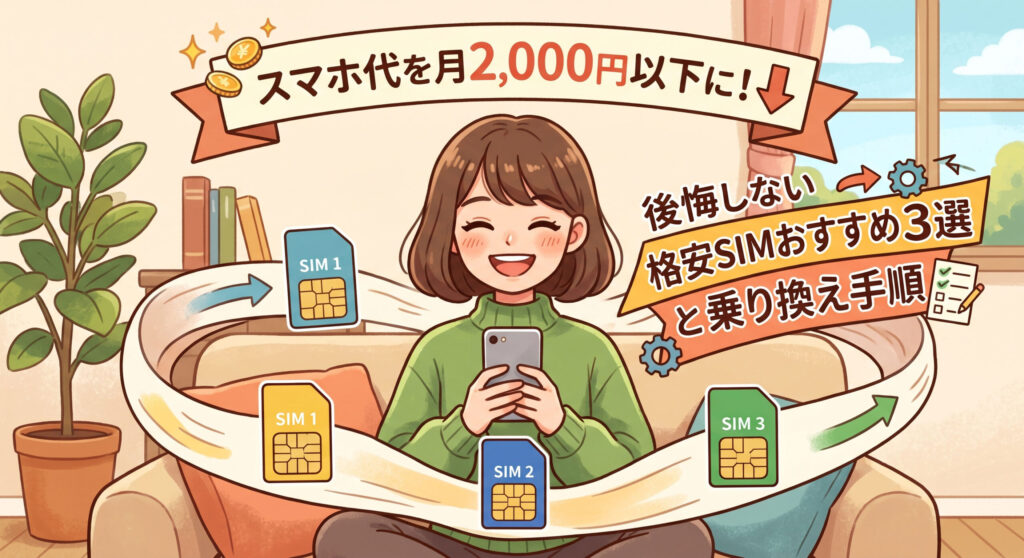 スマートフォンを持ち、浮遊するSIMカードに囲まれて笑顔で座る女性のイラスト。上部のリボンバナーには「スマホ代を月2,000円以下に！」、右側のリボンバナーには「後悔しない格安SIMおすすめ3選と乗り換え手順」という日本語テキストが記載されている。背景には植物や本棚のある部屋が描かれている。