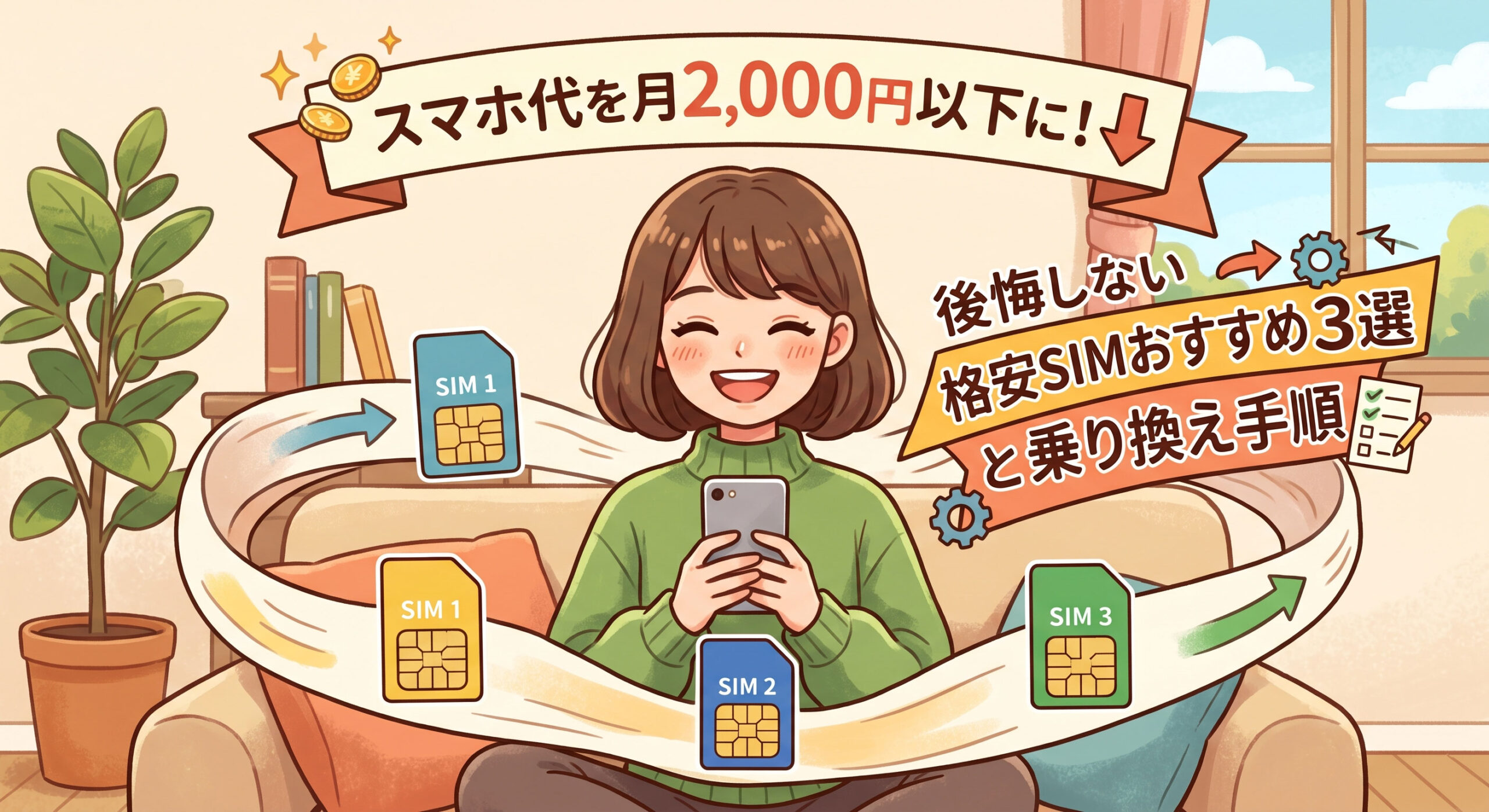 スマートフォンを持ち、浮遊するSIMカードに囲まれて笑顔で座る女性のイラスト。上部のリボンバナーには「スマホ代を月2,000円以下に！」、右側のリボンバナーには「後悔しない格安SIMおすすめ3選と乗り換え手順」という日本語テキストが記載されている。背景には植物や本棚のある部屋が描かれている。