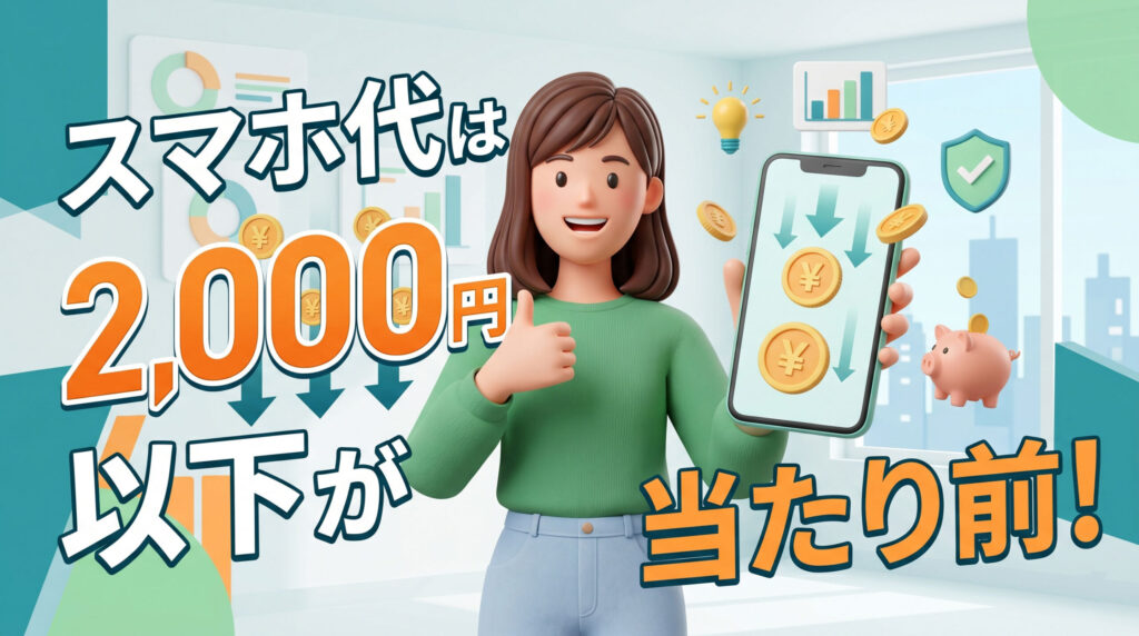 親指を立てて笑顔の女性が、値下げを意味する矢印とコイン（￥）が表示されたスマートフォンを持っている3Dイラスト。背景にはチャートや電球、豚の貯金箱があり、日本語で「スマホ代は2,000円以下が当たり前！」という巨大なテキストが配置されている。スマホ代の節約や格安SIMへの見直しのイメージ。