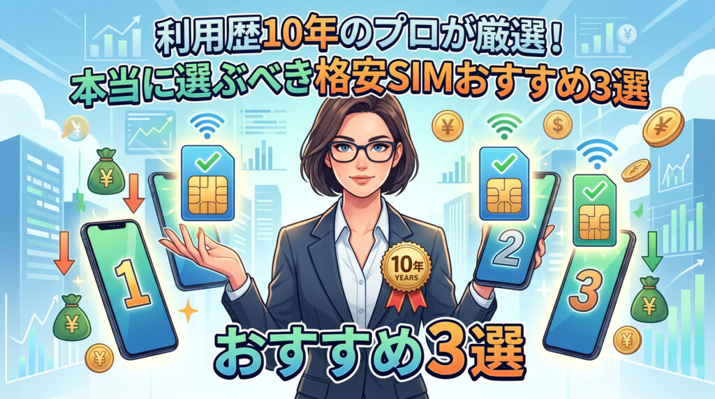 眼鏡をかけた女性のプロフェッショナルが、「利用歴10年のプロが厳選！本当に選ぶべき格安SIMおすすめ3選」と書かれた日本語テキストと共に、1・2・3と番号が振られ、SIMカード、チェックマーク、Wi-Fiシグナルが表示された3つのスマートフォンを提示しているイラスト。背景にはデジタル都市と金融チャートがあり、節約や賢い選択を意味する。格安SIMのおすすめ3選見出し画像。