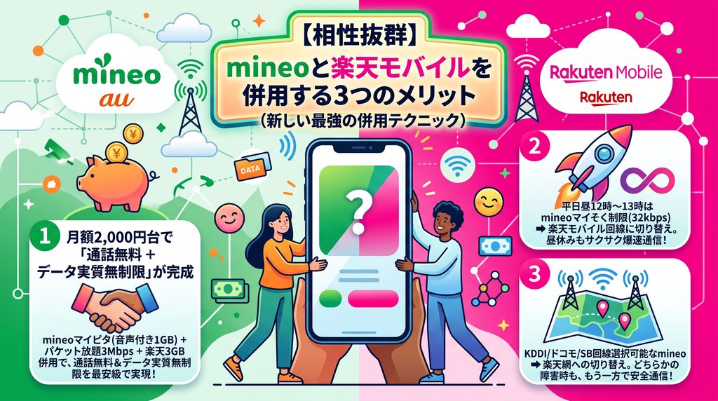 mineoと楽天モバイルを併用する3つのメリットを解説した図解イラスト。①月額2,000円台で通話無料とデータ実質無制限の完成、②平日昼12時のmineo速度低下を楽天回線でカバー、③大手キャリア回線と楽天回線による通信障害対策の3つの強みを整理した比較インフォグラフィック画像。