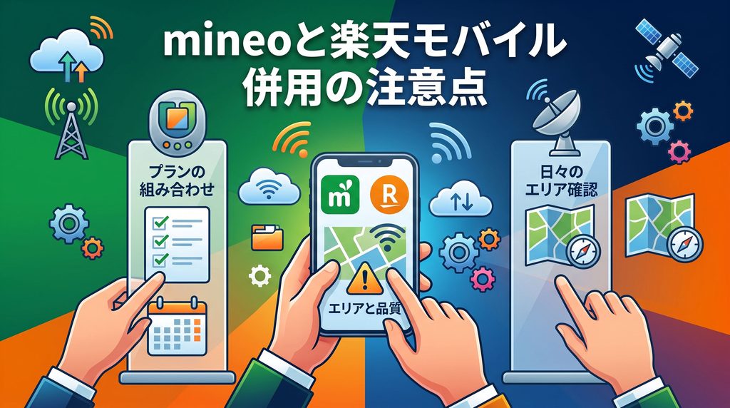 mineoと楽天モバイルを併用する際の注意点と事前チェックポイントをまとめたインフォグラフィック画像。中央のスマートフォンを中心に、プランの組み合わせ、通信エリアと品質の確認ポイントを整理した解説イラスト。