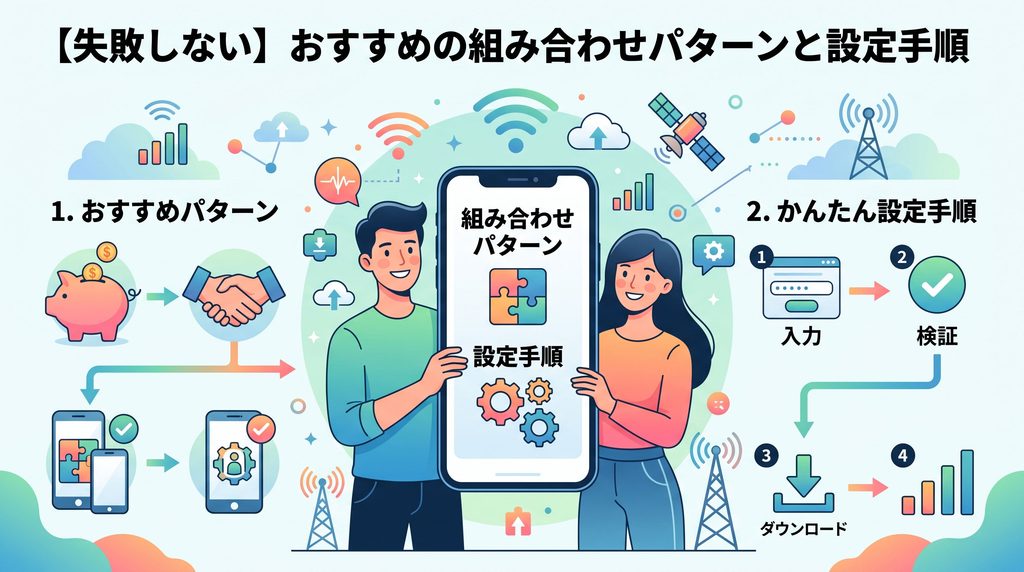 mineoと楽天モバイルの失敗しないおすすめ組み合わせパターンと設定手順を解説したインフォグラフィック画像。左側に料金節約と回線連携のおすすめパターン、右側に入力・検証・ダウンロードのかんたん設定手順ステップを配置し、中央のスマートフォンで初期設定の流れを図解したイラスト。