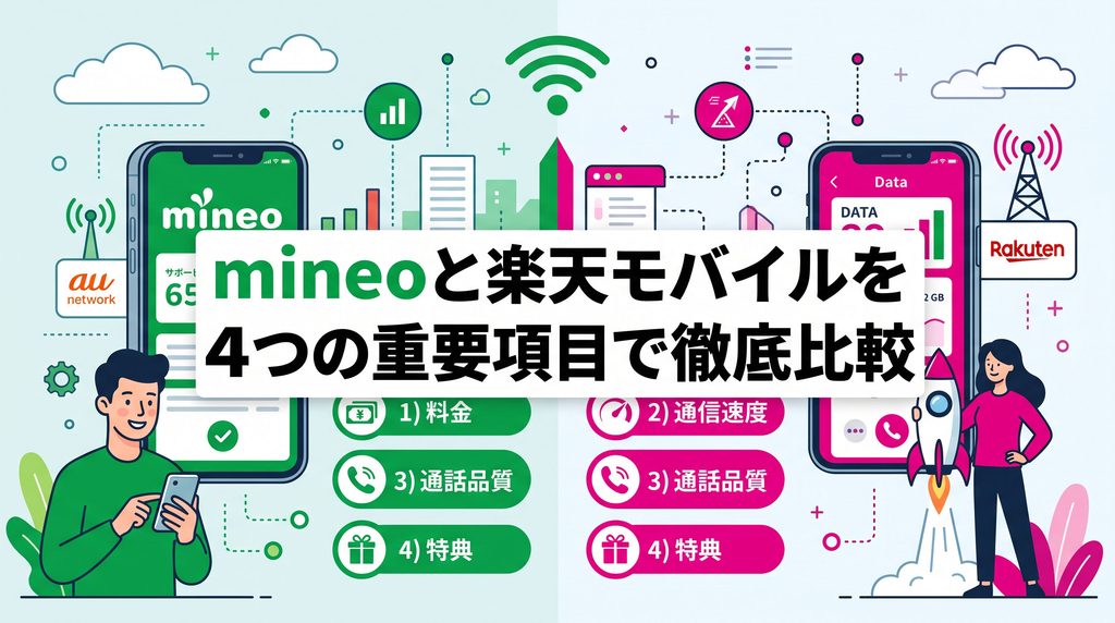 mineoと楽天モバイルを4つの重要項目で徹底比較したインフォグラフィック画像。左側のmineo(グリーン)と右側の楽天モバイル(マゼンタ)について、①料金、②通信速度、③通話品質、④特典の4つの違いを並べて解説した比較図。