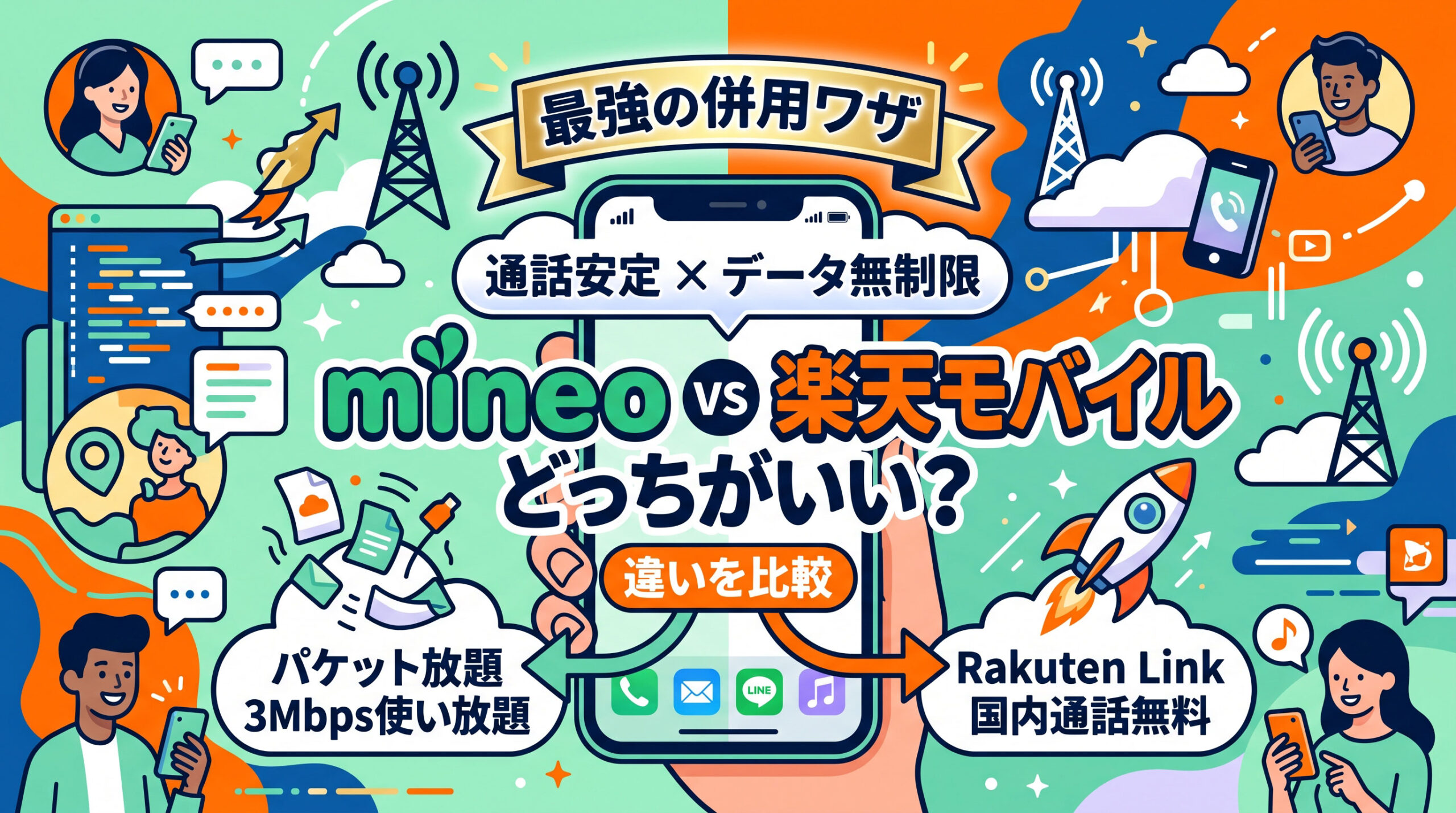 mineoと楽天モバイルの比較とデュアルSIM併用ワザを解説するアイキャッチ画像。左にmineoのパケット放題3Mbps使い放題、右に楽天モバイルのRakuten Link国内通話無料を配置し、中央のスマートフォンで通話安定とデータ無制限を両立する最強の組み合わせを表現したイラスト。